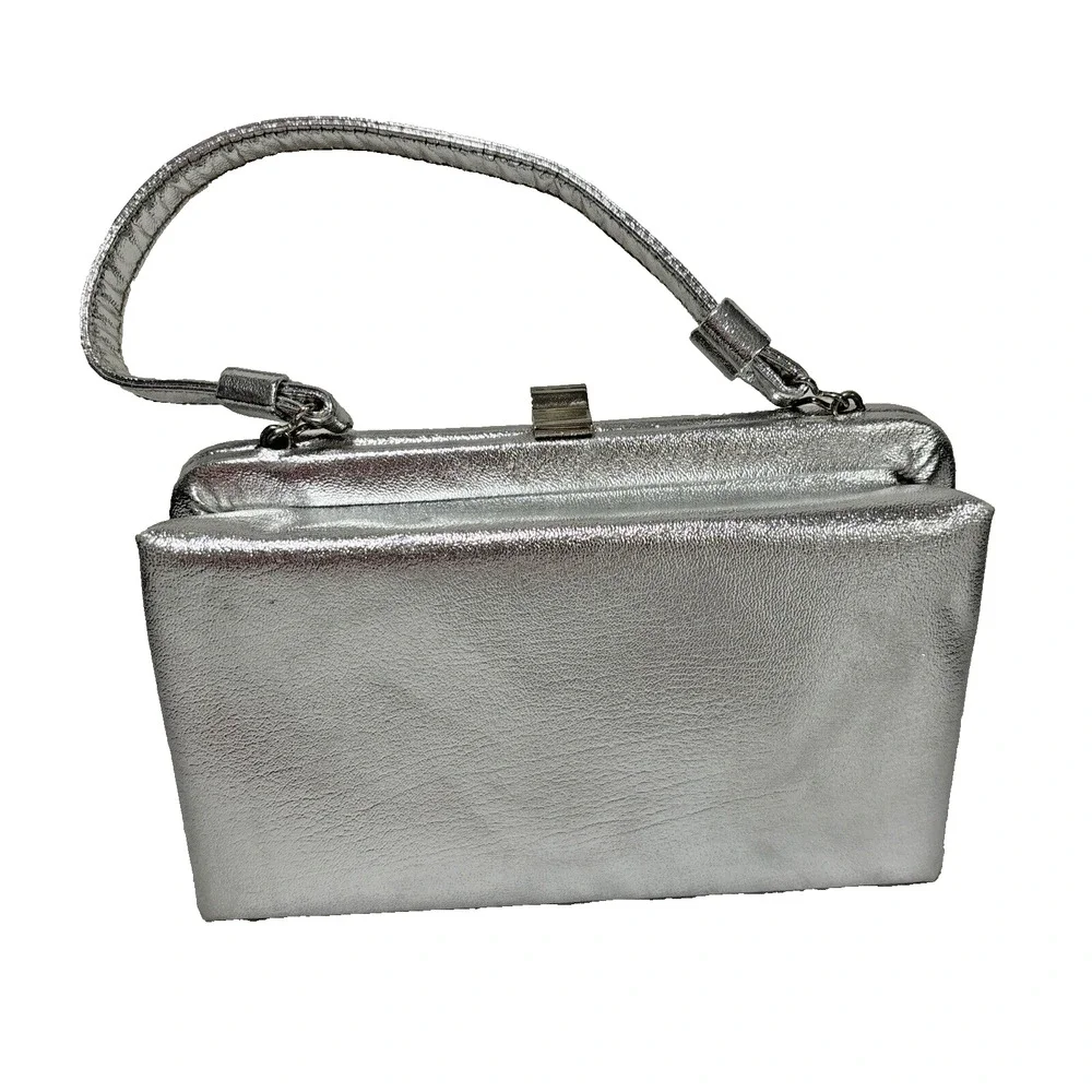 Vintage Silver Metallic Evening Bag Mid Century Top Handle Dressy Event Purse